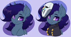 Size: 3648x1923 | Tagged: safe, artist:witchtaunter, derpibooru import, oc, oc:cloudy rainbow, pegasus, pony, blackmore, bust, chest fluff, clothes, commission, ear fluff, ears, jojo's bizarre adventure, looking at you, mask, portrait, shoulder fluff, simple background, smiling, smiling at you, solo