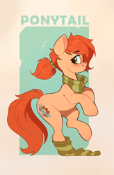Size: 1384x2107 | Tagged: safe, artist:rexyseven, derpibooru import, oc, oc only, oc:rusty gears, earth pony, pony, alternate hairstyle, female, mare, ponytail, profile, scarf, side view, sock, socks, solo, striped scarf, striped socks