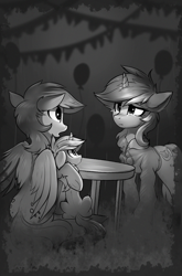 Size: 800x1214 | Tagged: safe, artist:ramiras, derpibooru import, derpy hooves, dinky hooves, lyra heartstrings, pegasus, pony, unicorn, fanfic:background pony, balloon, crying, dig the swell hoodie, fanfic art, female, grayscale, mare, monochrome, mother and child, mother and daughter, parent and child, sitting, table