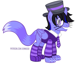 Size: 1000x838 | Tagged: safe, artist:jennieoo, derpibooru import, oc, oc:lightning shadow, original species, claws, clothes, costume, cylinder, fangs, glasses, halloween, halloween costume, looking at you, necktie, paws, simple background, smiling, smiling at you, socks, solo, stockings, striped socks, tail, thigh highs, transparent background