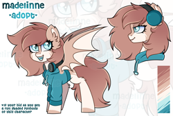 Size: 2368x1600 | Tagged: safe, artist:madelinne, derpibooru import, oc, oc only, bat pony, adoptable, adoptable open, adoption, bat pony oc, bust, clothes, color palette, full body, happy, headphones, hoodie, portrait, reference sheet, simple background, solo, zoom layer