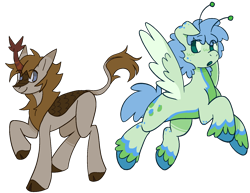 Size: 1591x1230 | Tagged: safe, artist:breakcqrpse, derpibooru exclusive, derpibooru import, oc, oc only, oc:raspberry spark, kirin, pegasus, antennae, blank flank, blue eyes, blue mane, brown coat, brown mane, duo, duo male, green coat, horn, jumping, kirin oc, male, multicolored coat, original art, pegasus oc, red horn, simple background, spots, transparent background