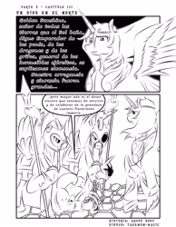 Size: 2551x3295 | Tagged: safe, artist:vermillon-loup, derpibooru import, oc, oc only, alicorn, pony, alicorn oc, clothes, dialogue, fanfic art, horn, lineart, male, monochrome, royal guard, spanish, stallion, traditional art, wings