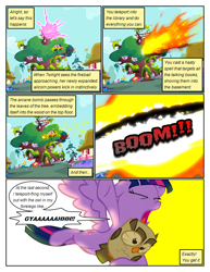 Size: 612x792 | Tagged: safe, artist:newbiespud, derpibooru import, edit, edited screencap, screencap, owlowiscious, twilight sparkle, twilight sparkle (alicorn), alicorn, bird, owl, pony, comic:friendship is dragons, twilight's kingdom, blast, building, comic, dialogue, explosion, female, fire, flying, magic, magic beam, magic blast, mare, outdoors, screencap comic