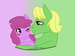 Size: 1221x920 | Tagged: safe, derpibooru import, edit, berry punch, berryshine, wensley, earth pony, blushing, cropped, female, gradient background, male, mare, one eye closed, shipping, stallion, straight, wenshine, wink