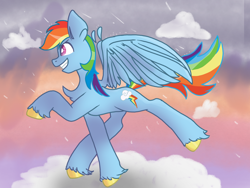 Size: 1440x1080 | Tagged: safe, artist:flower-black, derpibooru import, rainbow dash, pegasus, pony, backwards cutie mark, cloud, eyebrows, eyebrows visible through hair, female, flying, grin, mare, rain, sky, smiling, solo, spread wings, wings