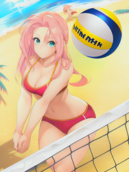 Size: 1020x1360 | Tagged: safe, derpibooru import, editor:sammykun, generator:novelai, generator:stable diffusion, machine learning generated, fluttershy, human, beach, bikini, breasts, cleavage, clothes, hands together, hootershy, humanized, midriff, ocean, palm tree, reference used, sky, sports, swimsuit, tree, volleyball, volleyball net, water