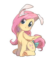 Size: 1471x1558 | Tagged: safe, artist:酒饼叶, derpibooru import, fluttershy, pegasus, pony, blushing, bow, bunny ears, bunnyshy, cute, eye clipping through hair, female, looking at you, mare, simple background, sitting, smiling, smiling at you, solo, tail, tail bow, transparent background, weapons-grade cute