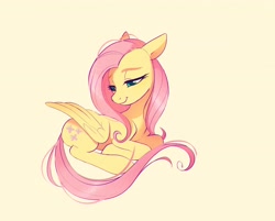 Size: 4096x3290 | Tagged: safe, artist:imalou, derpibooru import, edit, fluttershy, pegasus, pony, cute, deleted from derpibooru, eyebrows, female, folded wings, head turn, high res, lidded eyes, looking down, lying down, mare, ponyloaf, prone, shyabetes, simple background, sitting, smiling, solo, text, wings, yellow background