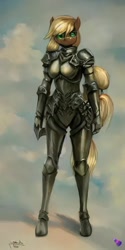 Size: 384x768 | Tagged: safe, derpibooru import, generator:purplesmart.ai, generator:stable diffusion, machine learning generated, applejack, anthro, earth pony, armor, breasts, plate armor