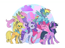 Size: 1284x964 | Tagged: safe, artist:batthsalts, derpibooru import, applejack, fluttershy, pinkie pie, rainbow dash, rarity, twilight sparkle, unicorn twilight, earth pony, pegasus, pony, unicorn, abstract background, bandana, cloud, cutie mark, female, flying, grin, group, horn, mane six, mare, open mouth, raised hoof, raised leg, simple background, smiling, spread wings, walking, white background, wings