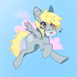Size: 850x850 | Tagged: safe, artist:batthsalts, derpibooru import, derpy hooves, pegasus, pony, cloud, cute, cutie mark, derpabetes, envelope, female, flying, letter, mare, music notes, sky background, smiling, solo, spread wings, wings