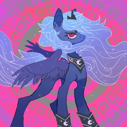 Size: 850x850 | Tagged: safe, artist:batthsalts, derpibooru import, princess luna, alicorn, pony, abstract background, crown, cutie mark, female, jewelry, red eyes, regalia, smiling, solo, spread wings, wings