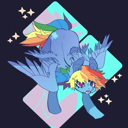 Size: 1020x1020 | Tagged: safe, artist:batthsalts, derpibooru import, rainbow dash, pegasus, pony, abstract background, cutie mark, female, multiple wings, open mouth, solo, sparkles, spread wings, wings