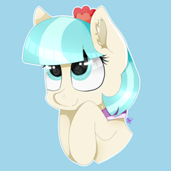 Size: 1000x1000 | Tagged: safe, artist:kathepart, derpibooru import, coco pommel, pony, big eyes, blue background, collar, simple background, solo