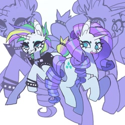 Size: 850x850 | Tagged: safe, artist:batthsalts, derpibooru import, rarity, pony, abstract background, alternate hairstyle, beanbrows, bracelet, clothes, collar, cutie mark, duality, duo, eyebrows, female, grin, horn, jewelry, punk, raised hoof, raised leg, raripunk, self paradox, self ponidox, smiling, studs, zoom layer