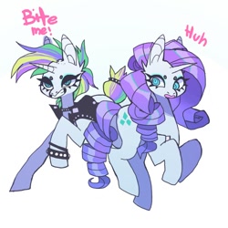 Size: 850x850 | Tagged: safe, alternate version, artist:batthsalts, derpibooru import, rarity, pony, alternate hairstyle, beanbrows, bracelet, clothes, collar, cutie mark, duality, duo, eyebrows, female, grin, horn, jewelry, punk, raised hoof, raised leg, raripunk, self paradox, self ponidox, simple background, smiling, speech, studs, talking, text, white background