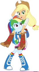 Size: 736x1361 | Tagged: safe, derpibooru import, applejack, rainbow dash, human, equestria girls, applejack riding rainbow dash, boots, clothes, cowboy boots, cowboy hat, hat, high heel boots, humans riding humans, piggyback ride, shirt, shoes, simple background, skirt, socks, white background