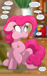 Size: 1250x2000 | Tagged: safe, artist:runningtoaster, derpibooru import, pinkie pie, earth pony, pony, blurry background, cheek bulge, dialogue, ears, eating, female, floppy ears, full mouth, human to pony, implied pinkie pie, male to female, mare, offscreen character, onomatopoeia, raised hoof, raised leg, requested art, rule 63, shocked, shrunken pupils, solo, species swap, speech bubble, squatting, transformation, transformed, transgender transformation, twinning, unwilling, wide eyes