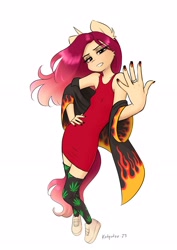Size: 2480x3508 | Tagged: safe, artist:katputze, derpibooru import, oc, oc only, oc:crimson sunset, anthro, plantigrade anthro, unicorn, bare shoulders, clothes, coat, dress, eyeshadow, female, jewelry, kneesocks, looking at you, makeup, mare, nail polish, ring, shoes, signature, simple background, sleeveless, sneakers, socks, solo, white background