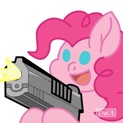 Size: 4092x4092 | Tagged: safe, artist:doaart, derpibooru import, edit, pinkie pie, pony, commission, gun, handgun, meme, pistol, simple background, solo, weapon, white background, your character here