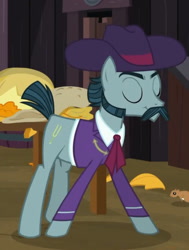 Size: 721x955 | Tagged: safe, derpibooru import, screencap, turner mccolt, earth pony, pony, season 5, the hooffields and mccolts, clothes, eyebrows, eyes closed, facial hair, hat, male, mccolt family, moustache, sideburns, solo, stallion, suit