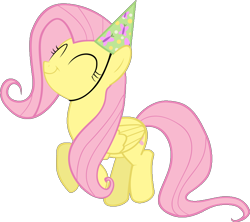 Size: 800x711 | Tagged: safe, derpibooru import, edit, edited screencap, screencap, fluttershy, pegasus, pony, background removed, cute, eyes closed, female, happy, happy birthday, happy birthday to you!, hat, mare, party hat, simple background, transparent background