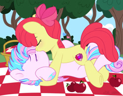 Size: 1280x1001 | Tagged: safe, artist:vi45, derpibooru import, apple bloom, oc, oc:sweetie swirl, earth pony, pony, apple, basket, butt, canon x oc, duo, female, food, kiss on the lips, kissing, lesbian, older, picnic basket, picnic blanket, plot, tree