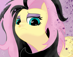 Size: 1380x1080 | Tagged: safe, artist:reinbou, derpibooru import, fluttershy, pegasus, pony, goth, looking at you, looking down, looking down at you, simple background, solo