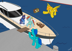 Size: 3508x2480 | Tagged: safe, artist:hugo231929, derpibooru import, oc, oc only, changeling, pegasus, unicorn, boat, orange changeling