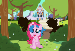 Size: 1200x809 | Tagged: safe, artist:jennieoo, derpibooru import, oc, oc:star sparkle, pony, unicorn, bush, canterlot, crying, female, filly, flower, flower in hair, foal, happy, show accurate, smiling, solo, tears of joy