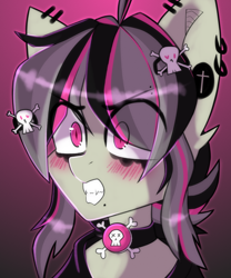 Size: 2000x2400 | Tagged: safe, artist:etoz, derpibooru import, oc, oc only, oc:gravel shine, bat pony, angry, bat pony oc, bust, choker, clothes, collar, ear piercing, earring, emo, eyebrow piercing, eyebrows, eyebrows visible through hair, fangs, gradient background, hairpin, jewelry, lip piercing, makeup, male, piercing, shy, sketch, skull, snake bites, solo, stallion, teeth, tsundere