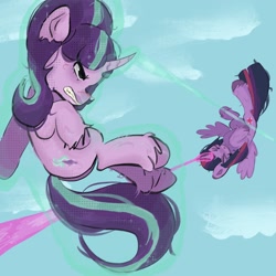 Size: 2048x2048 | Tagged: safe, artist:stanleyiffer, derpibooru import, starlight glimmer, twilight sparkle, alicorn, pony, unicorn, female, fight, flying, levitation, magic, mare, s5 starlight, self-levitation, telekinesis