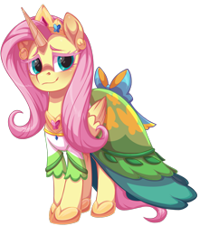 Size: 1671x1890 | Tagged: safe, artist:moonseeker, derpibooru import, fluttershy, alicorn, pony, alicornified, clothes, crown, dress, female, fluttercorn, horn, jewelry, mare, princess fluttershy, race swap, regalia, wings