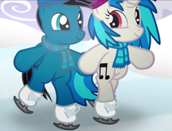 Size: 1290x986 | Tagged: safe, artist:agkandphotomaker2000, derpibooru import, edit, dj pon-3, vinyl scratch, oc, oc:pony video maker, pegasus, pony, unicorn, bipedal, canon x oc, clothes, cropped, duo, female, filly, filly vinyl scratch, foal, hat, holding hooves, ice, ice skates, ice skating, male, scarf, shipping, skates, skating, straight, videoscratch, winter, winter hat, younger