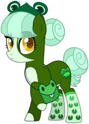 Size: 1695x2352 | Tagged: safe, artist:strawberry-spritz, derpibooru import, oc, earth pony, frog, pony, bag, base used, clothes, eyebrows, female, headband, lilypad, mare, raised eyebrow, simple background, socks, solo, transparent background