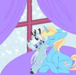 Size: 1645x1620 | Tagged: safe, artist:laceyscreations, derpibooru import, oc, oc:coco chaude, oc:skydreams, deer, pony, reindeer, unicorn, animated, base used, braid, commission, curtains, female, sitting, snow, window, ych result