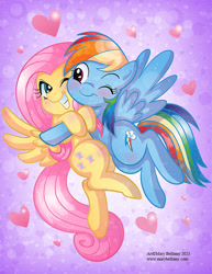 Size: 600x777 | Tagged: safe, artist:marybellamy, derpibooru import, fluttershy, rainbow dash, pegasus, blushing, cheek to cheek, cute, duo, duo female, female, floating heart, flutterdash, gradient background, heart, hug, lesbian, looking at each other, looking at someone, one eye closed, purple background, shipping, simple background, smiling, spread wings, wings