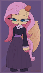 Size: 1377x2351 | Tagged: safe, artist:thealleycatc8, derpibooru import, fluttershy, anthro, pegasus, unguligrade anthro, arm hooves, clothes, dress, eyelashes, fluttergoth, goth, purple background, simple background, solo, unshorn fetlocks, wings