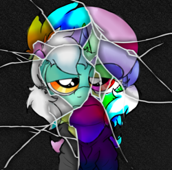 Size: 1521x1507 | Tagged: safe, artist:background basset, derpibooru import, lyra heartstrings, pony, unicorn, broken, bust, clothes, dig the swell hoodie, hoodie, shattered, simple background, solo