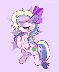 Size: 2800x3400 | Tagged: safe, artist:darkynez, derpibooru import, oc, oc only, pony, unicorn, blushing, bow, eyes closed, hair bow, horn, lying down, on back, open mouth, solo, unicorn oc, unshorn fetlocks