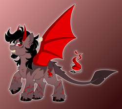 Size: 5204x4620 | Tagged: safe, artist:crazysketch101, derpibooru import, oc, oc only, oc:lucifer, demon, demon pony, pony, bat wings, devil tail, gradient background, horns, sharp teeth, solo, tail, teeth, unshorn fetlocks, wings