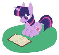 Size: 940x871 | Tagged: safe, artist:partyponypower, derpibooru import, twilight sparkle, unicorn twilight, pony, unicorn, book, looking down, lying down, simple background, smiling, solo, white background