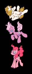 Size: 492x1131 | Tagged: safe, artist:partyponypower, derpibooru import, pinkie pie, pinkie pie (g3), surprise, earth pony, pegasus, pony, g1, g3, g4, black background, simple background