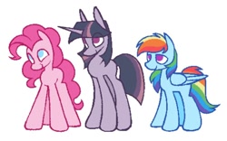 Size: 1000x624 | Tagged: safe, artist:partyponypower, derpibooru import, pinkie pie, rainbow dash, twilight sparkle, earth pony, pegasus, pony, unicorn, simple background, smiling, standing, white background