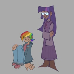 Size: 1000x1000 | Tagged: safe, artist:partyponypower, derpibooru import, rainbow dash, twilight sparkle, human, clothes, denim, duo, freckles, glasses, gray background, humanized, jacket, jeans, pants, simple background, sitting, skirt, smiling, standing