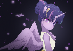 Size: 2708x1888 | Tagged: safe, artist:spoosha, derpibooru import, twilight sparkle, twilight sparkle (alicorn), alicorn, semi-anthro, ballerina, chest fluff, female, head turn, jewelry, looking at you, mare, side view, solo, tutu, twilarina