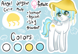 Size: 1069x747 | Tagged: safe, artist:sinnamonsol, derpibooru import, oc, oc:angel jellystar, jellyfish, pegasus, pony, blue mane, female, female symbol, folded wings, golden eyes, hat, highlights, mare, pegasus oc, reference sheet, solo, teenager, white coat, wings