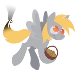 Size: 1000x1000 | Tagged: safe, artist:partyponypower, derpibooru import, derpy hooves, pegasus, pony, basket, flying, food, missing cutie mark, muffin, simple background, smiling, solo, white background