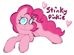 Size: 1000x747 | Tagged: safe, artist:partyponypower, derpibooru import, pinkie pie, earth pony, pony, cute, diapinkes, heart, lying down, missing cutie mark, simple background, smiling, solo, text, white background